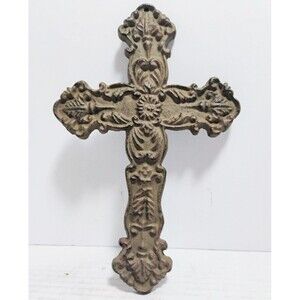 VINTAGE RUSTIC STYLE 10” CAST IRON CROSS W DECORATIVE FLEUR DE LIS DESIGN